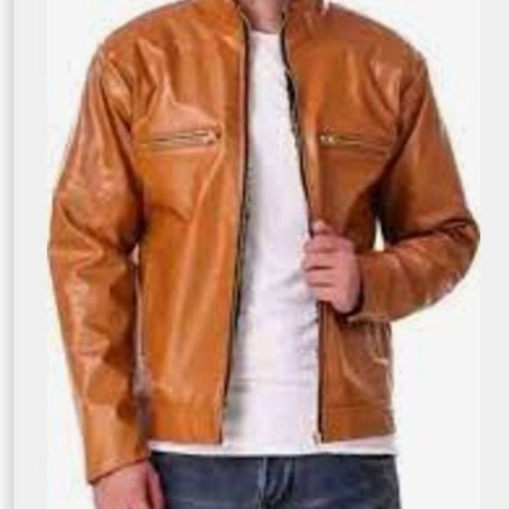 Michael Kors Mens Cognac Brown Perforated Faux Leather Racer Moto Jacket